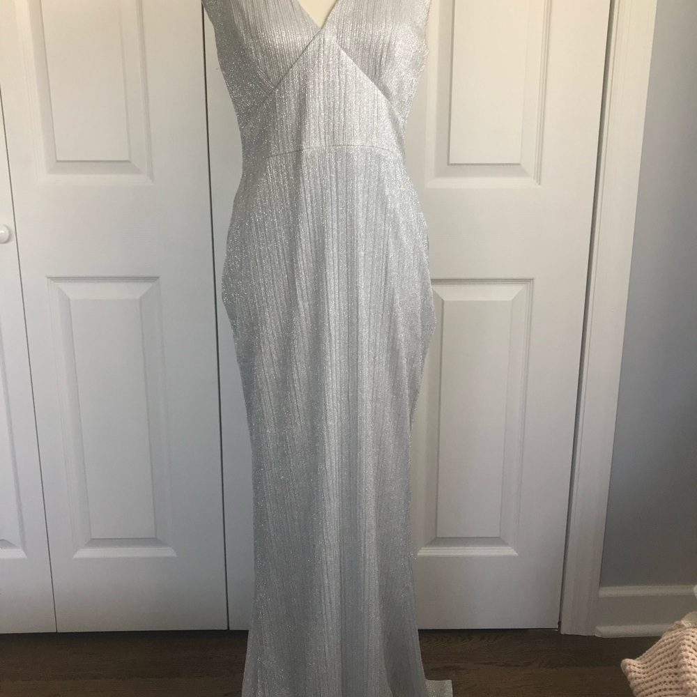 Calvin Klein Silver Plunge Maxi Gown